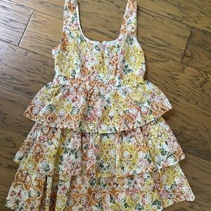 Tiered Floral Eyelet Casual Dress in Yellow, Pink & Green